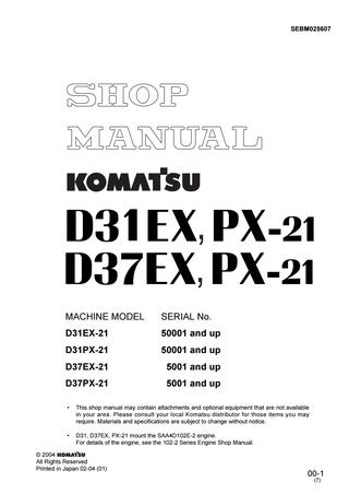 download Komatsu D31EX 21 D31PX 21 D37EX 21 D37PX 21 Dozer Bulldozer workshop manual